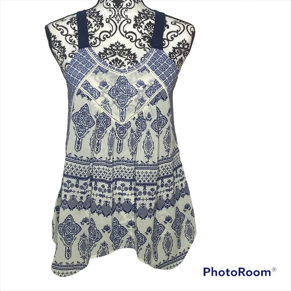 Xhilaration Tank Top Cream and Blue Print and Grey Back Small - Picture 1 of 9